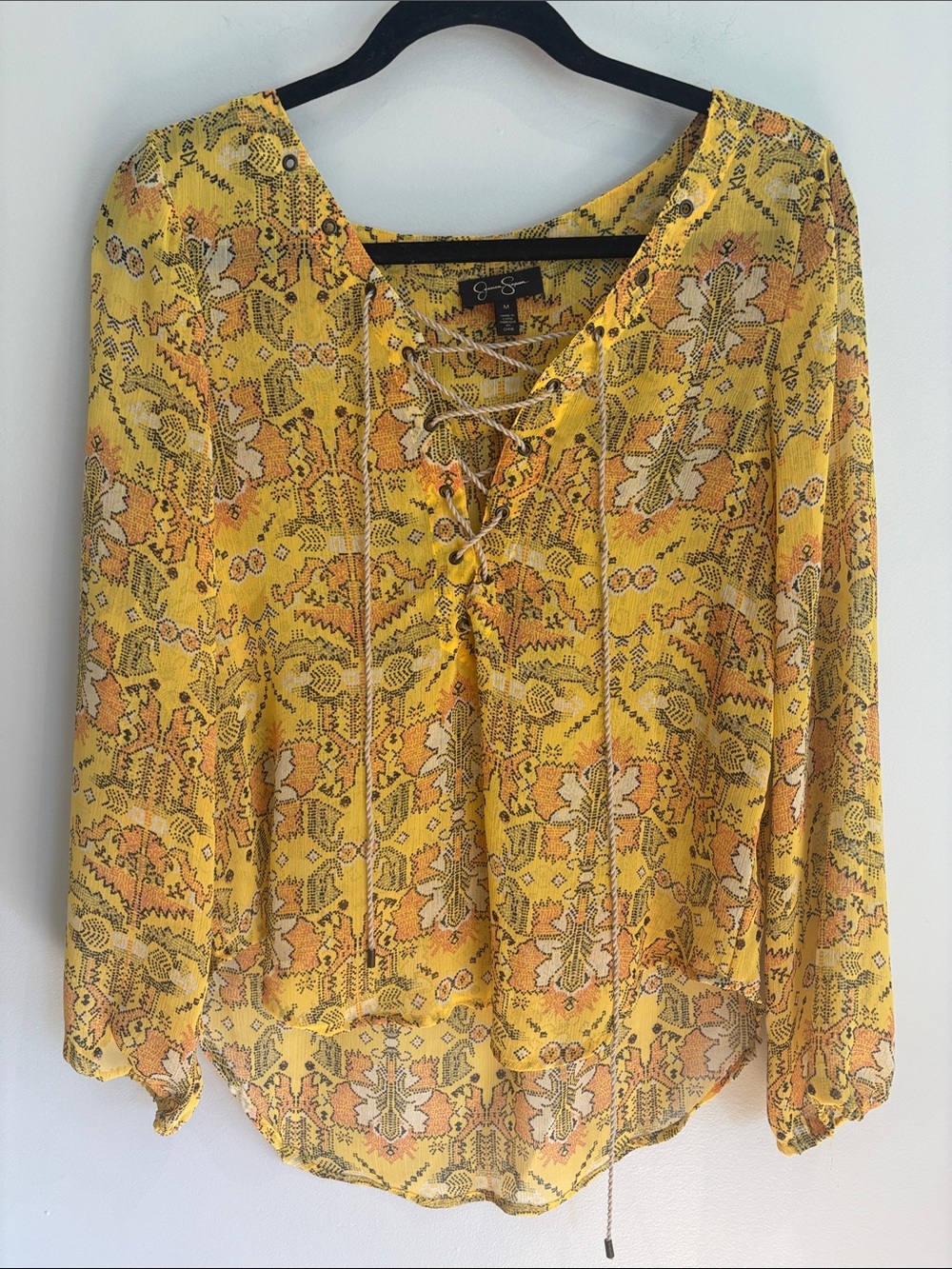 Jessica Simpson Yellow & Orange Lace-Up Printed Blouse